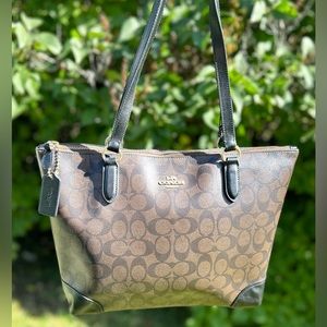 *SOLD* COACH Zip Top Tote In Signature Canvas Dark Brown
